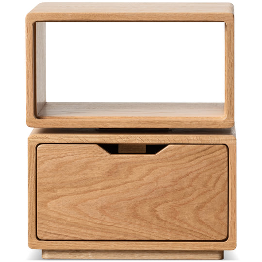 Scandinavian oak wood revolving side table twist in white background.
