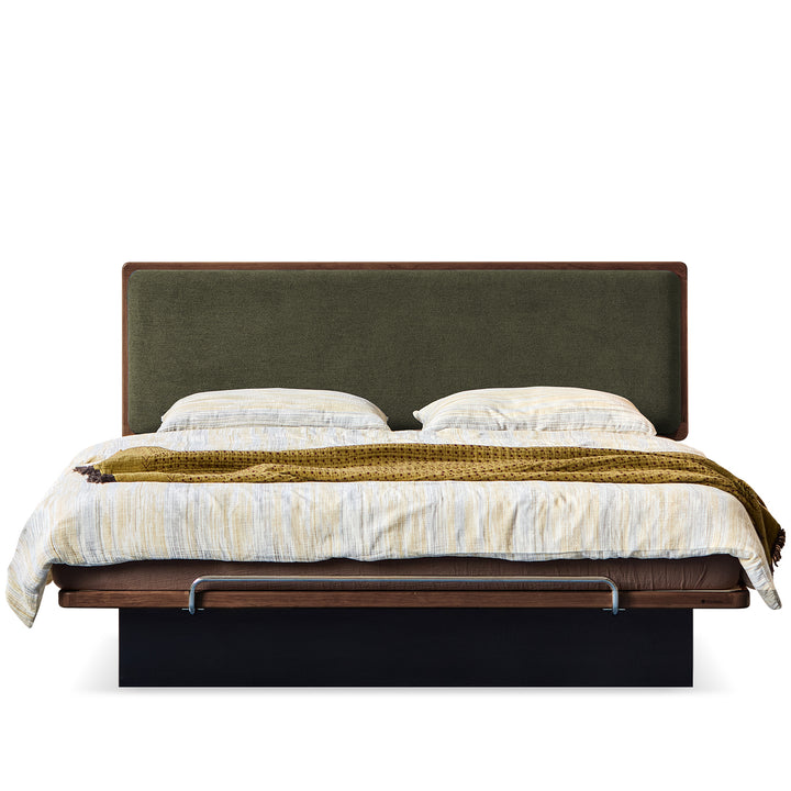 Bauhaus walnut wood storage bed film in white background.