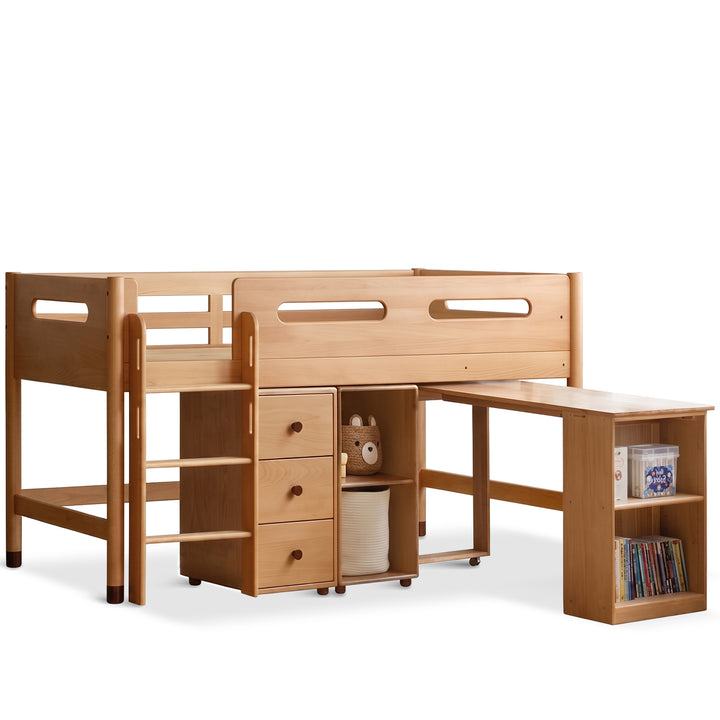 Scandinavian beech wood kids storage bed with study desk matchstick layered structure.