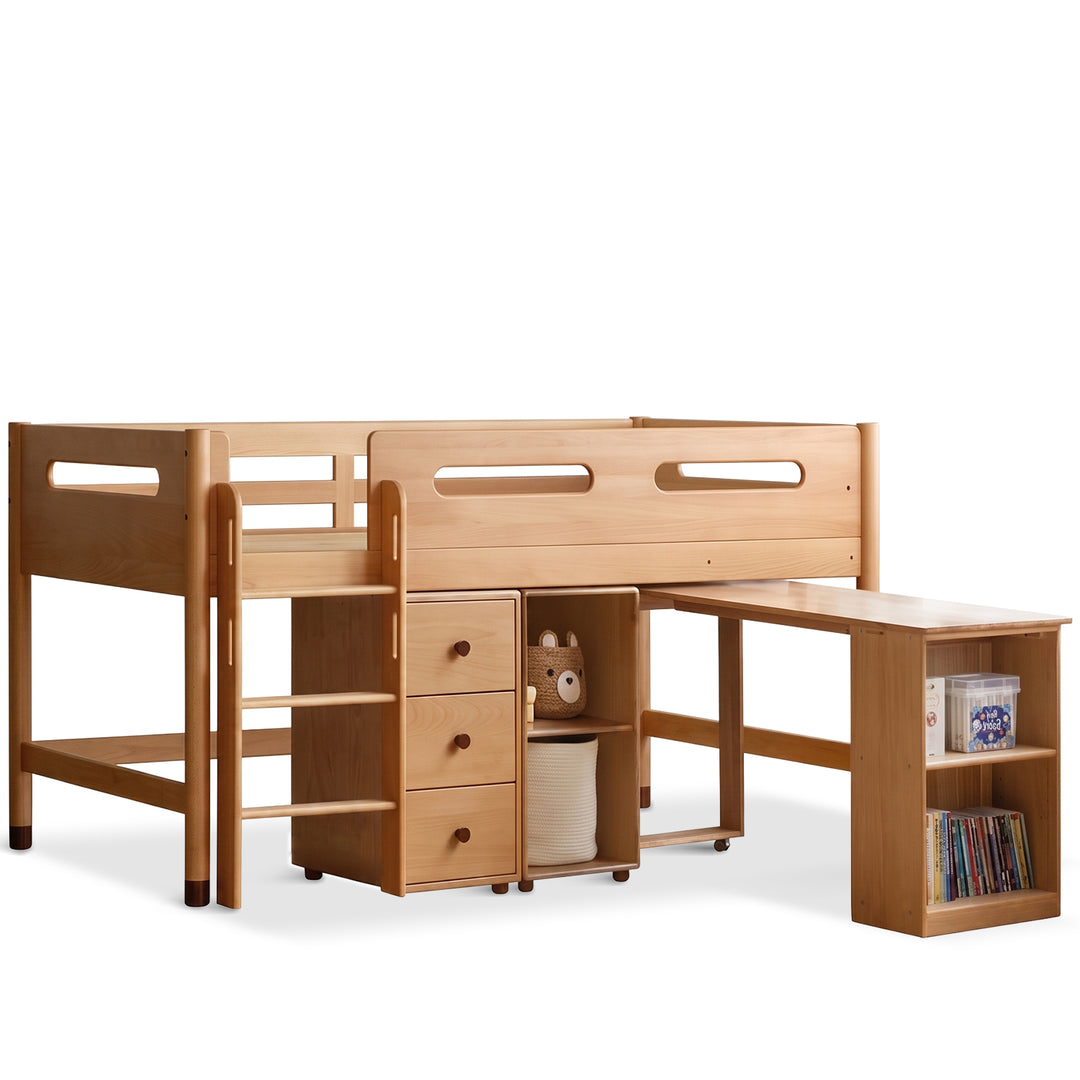 Scandinavian beech wood kids storage bed with study desk matchstick detail 1.