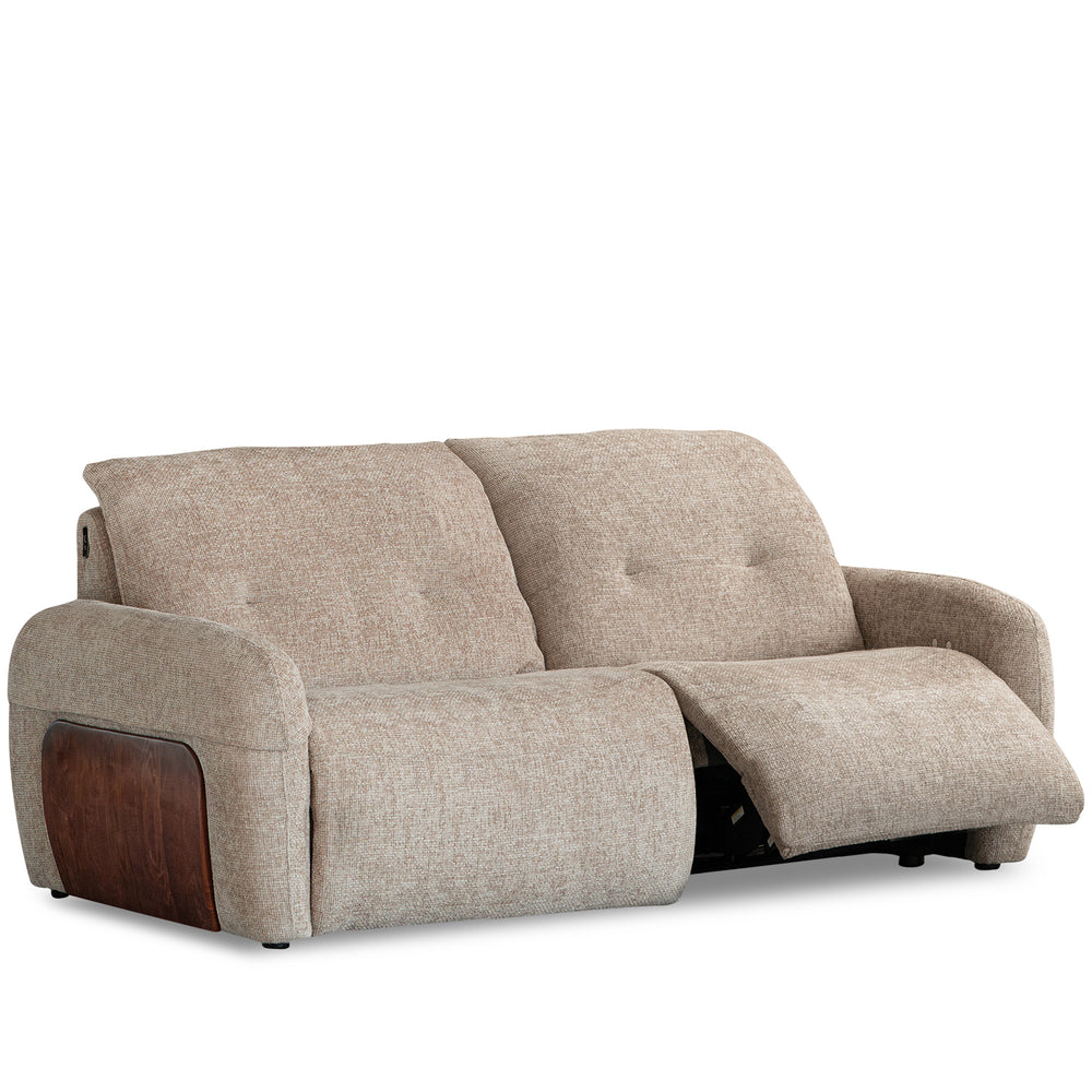 Cream chenille velvet fabric recliner 2 seater sofa mellow in white background.