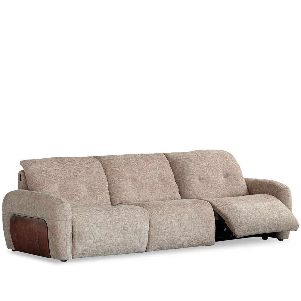 Cream chenille velvet fabric recliner 4 seater sofa mellow in white background.