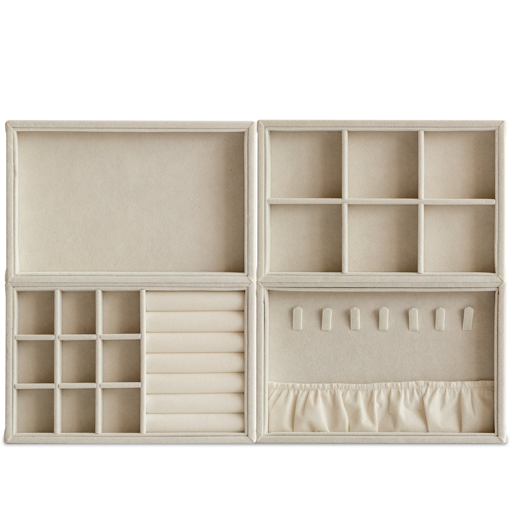 Minimalist velvet fabric jewelry organizer tray 4in1 set aura in white background.