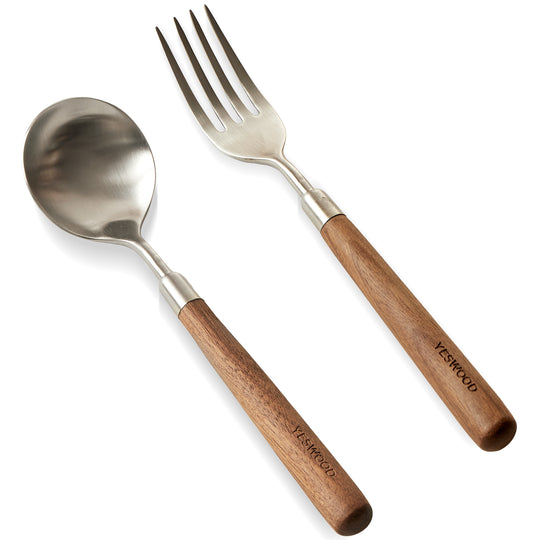 Japandi walnut wood 304 stainless steel spoon and fork 2in1 set woodland in white background.