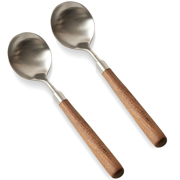 Japandi walnut wood 304 stainless steel spoon and fork 2in1 set woodland in still life.
