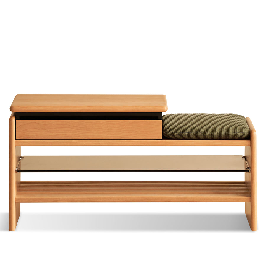 Scandinavian cherry wood shoe changing bench mori in white background.