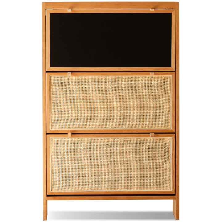 Scandinavian rattan shoe cabinet kangaroo in close up details.