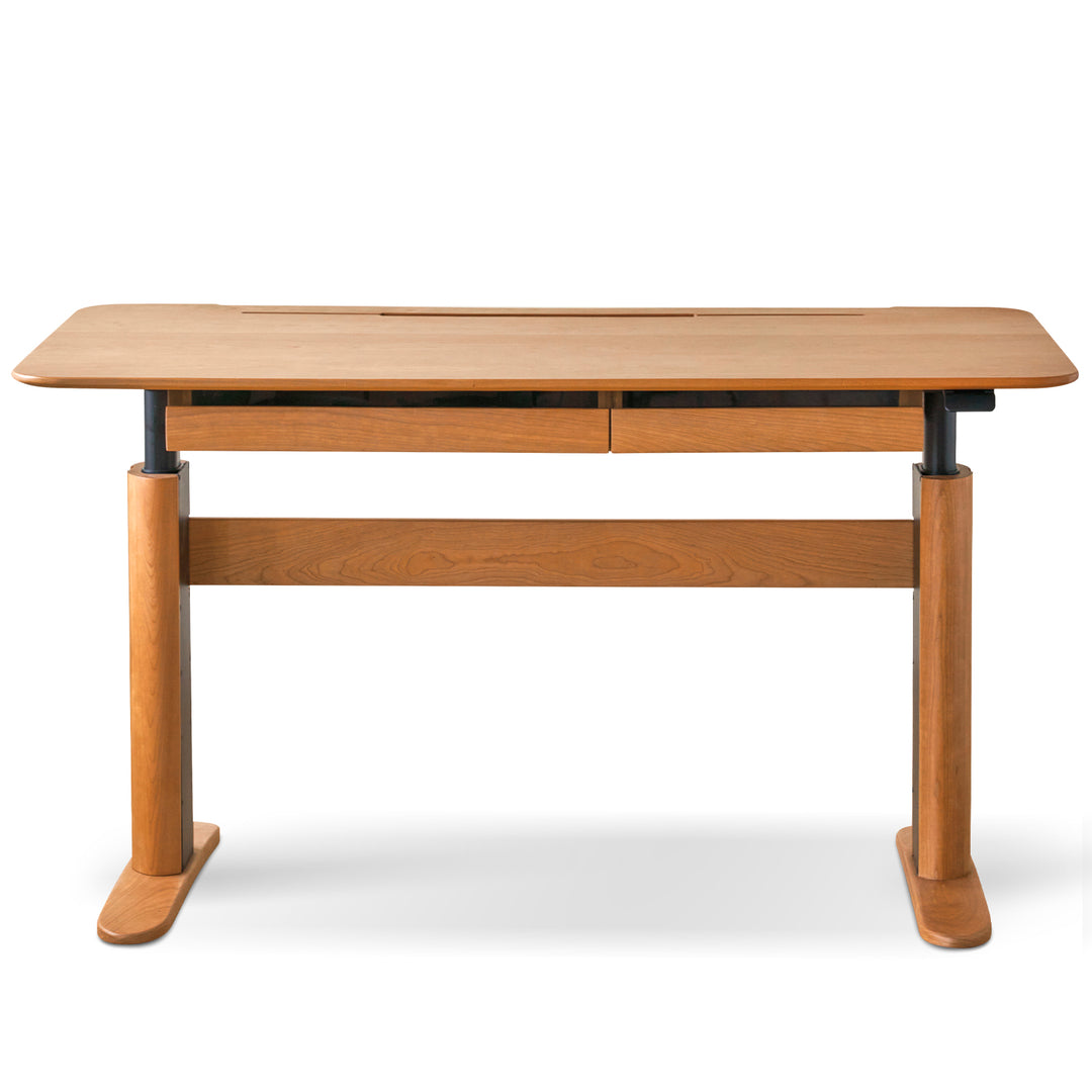 Scandinavian cherry wood electric height adjustable study table up layered structure.
