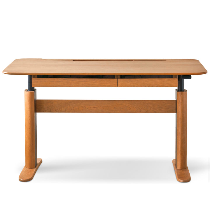 Scandinavian cherry wood electric height adjustable study table up layered structure.