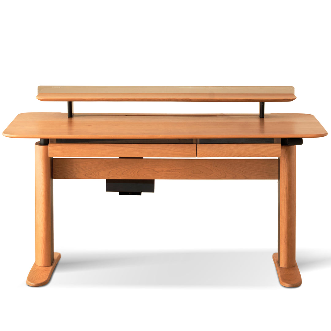 Scandinavian cherry wood electric height adjustable study table up in white background.