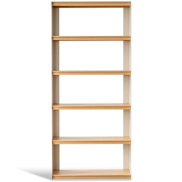 Minimalist stainless steel bookshelf aesop in white background.
