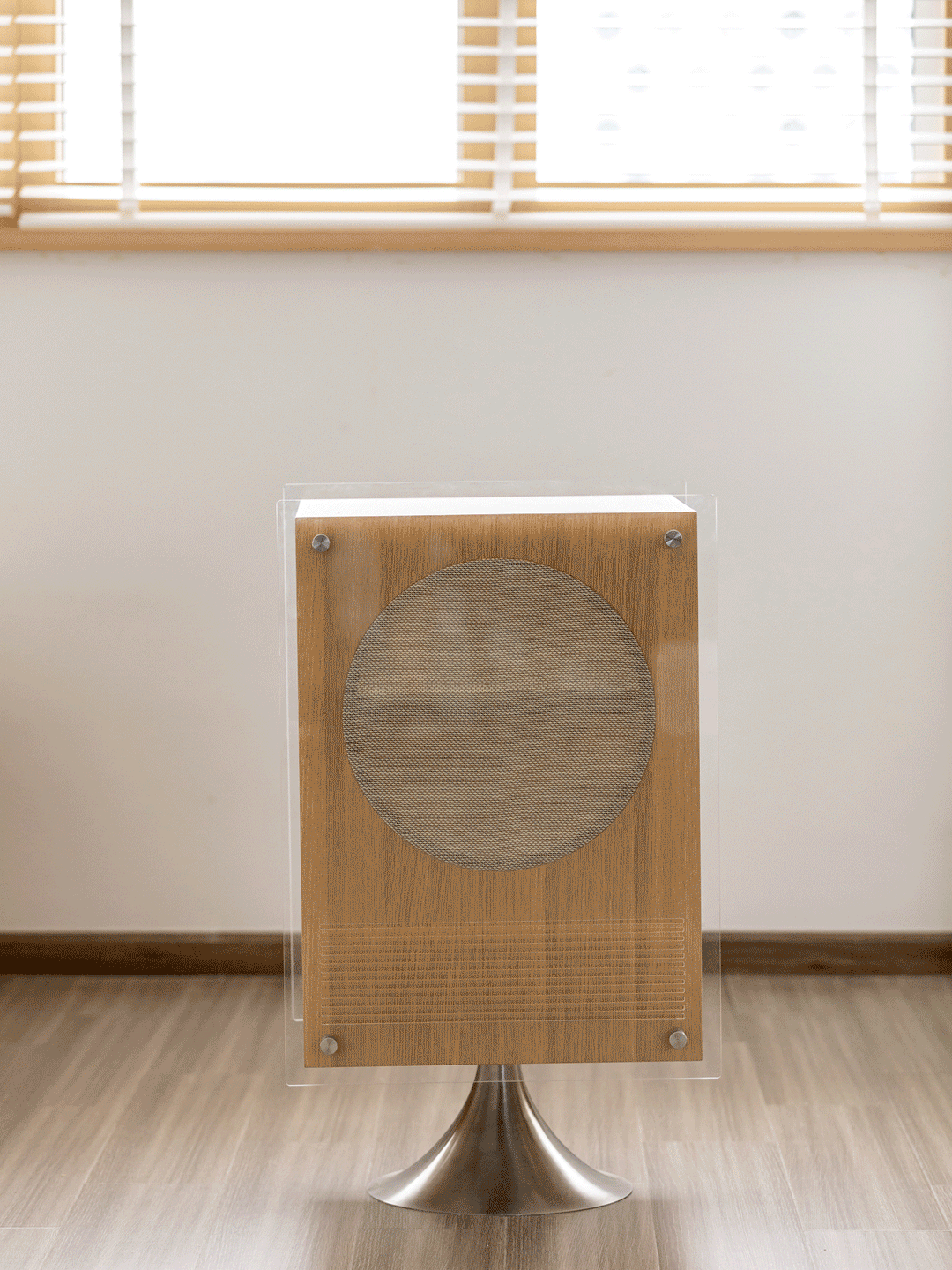 Minimalist oak wood veneer revolving side table muse color swatches.