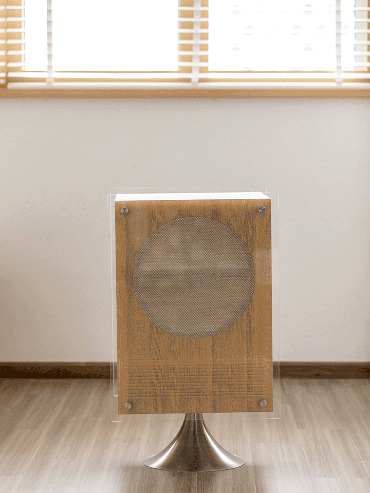 Minimalist oak wood veneer revolving side table muse color swatches.