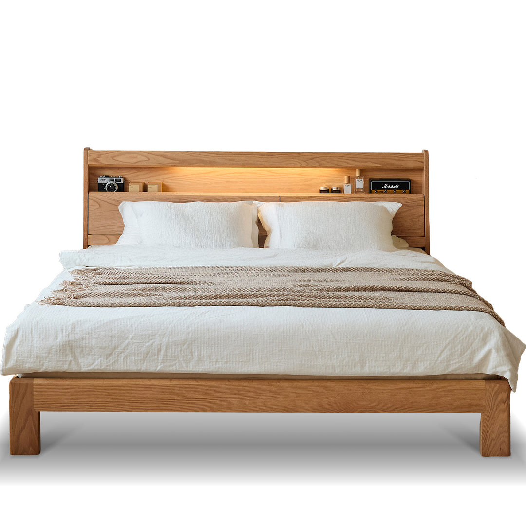 Scandinavian oak wood bed accompany light in still life.