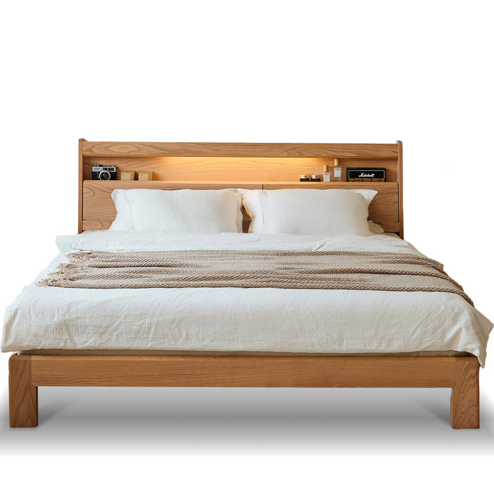 Scandinavian oak wood bed accompany light in still life.