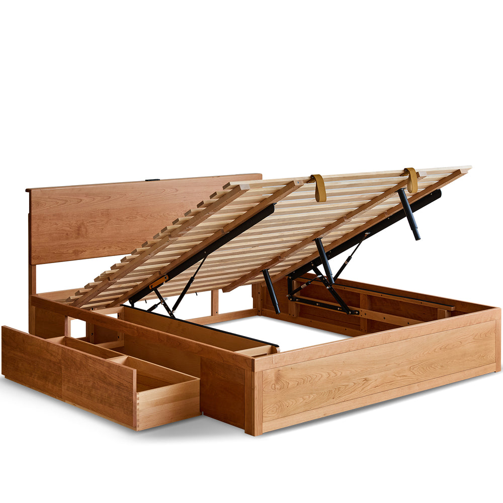 Scandinavian cherry wood lift-up storage bed with drawer kangaroo in white background.