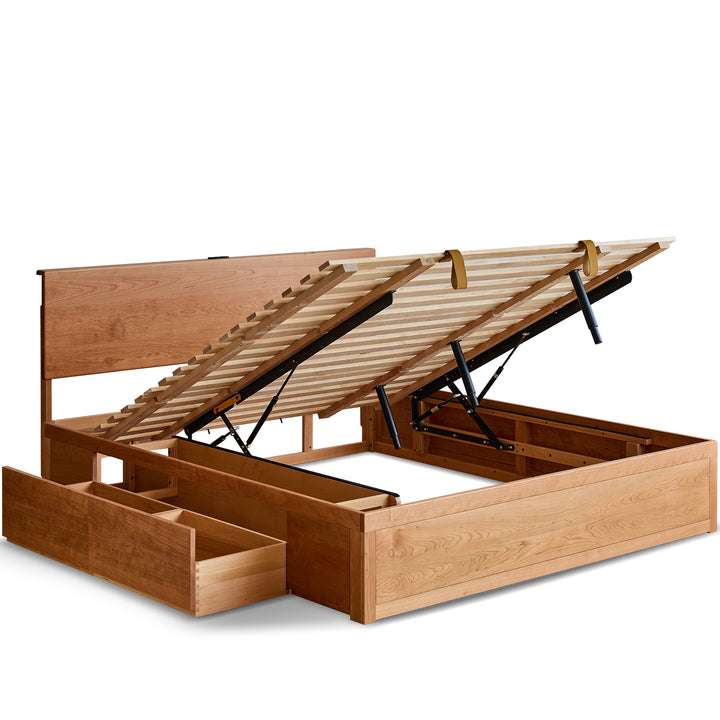 Scandinavian cherry wood lift-up storage bed with drawer kangaroo in white background.