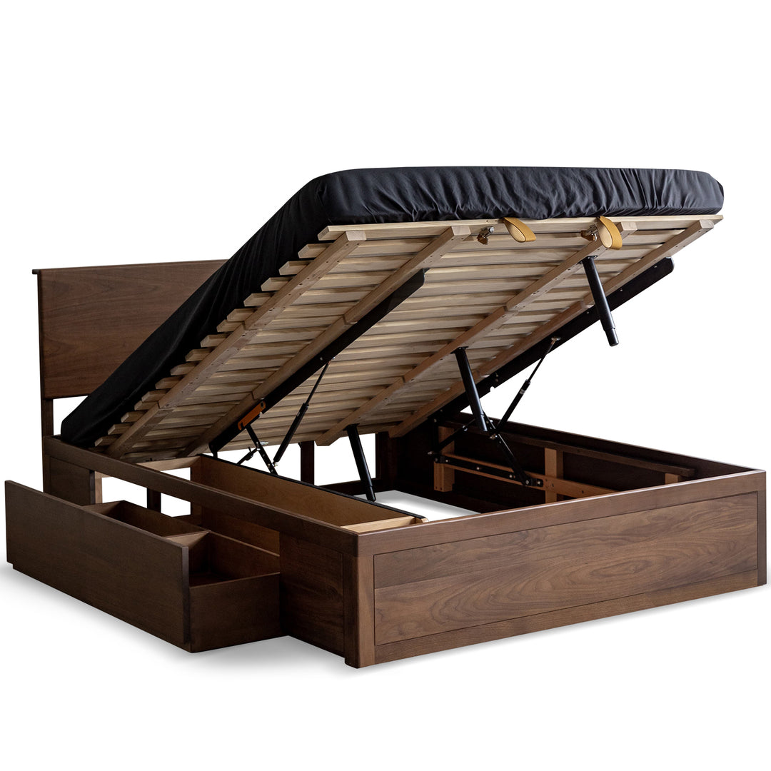 Vintage walnut wood lift-up storage bed with drawer kangaroo conceptual design.