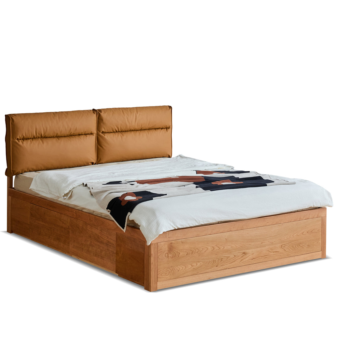 Scandinavian cherry wood cushion lift-up storage bed with drawer kangaroo conceptual design.