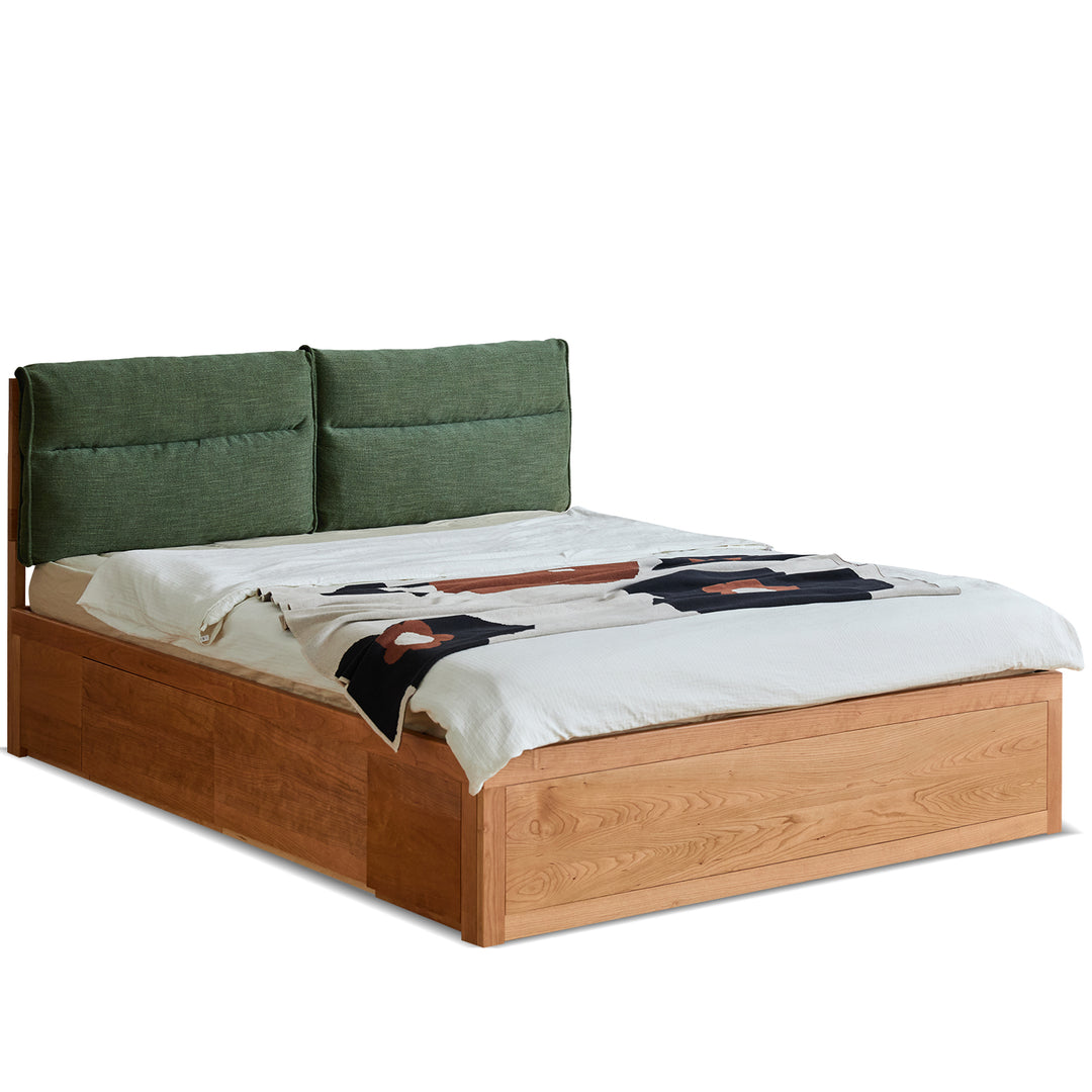 Scandinavian cherry wood cushion lift-up storage bed with drawer kangaroo layered structure.