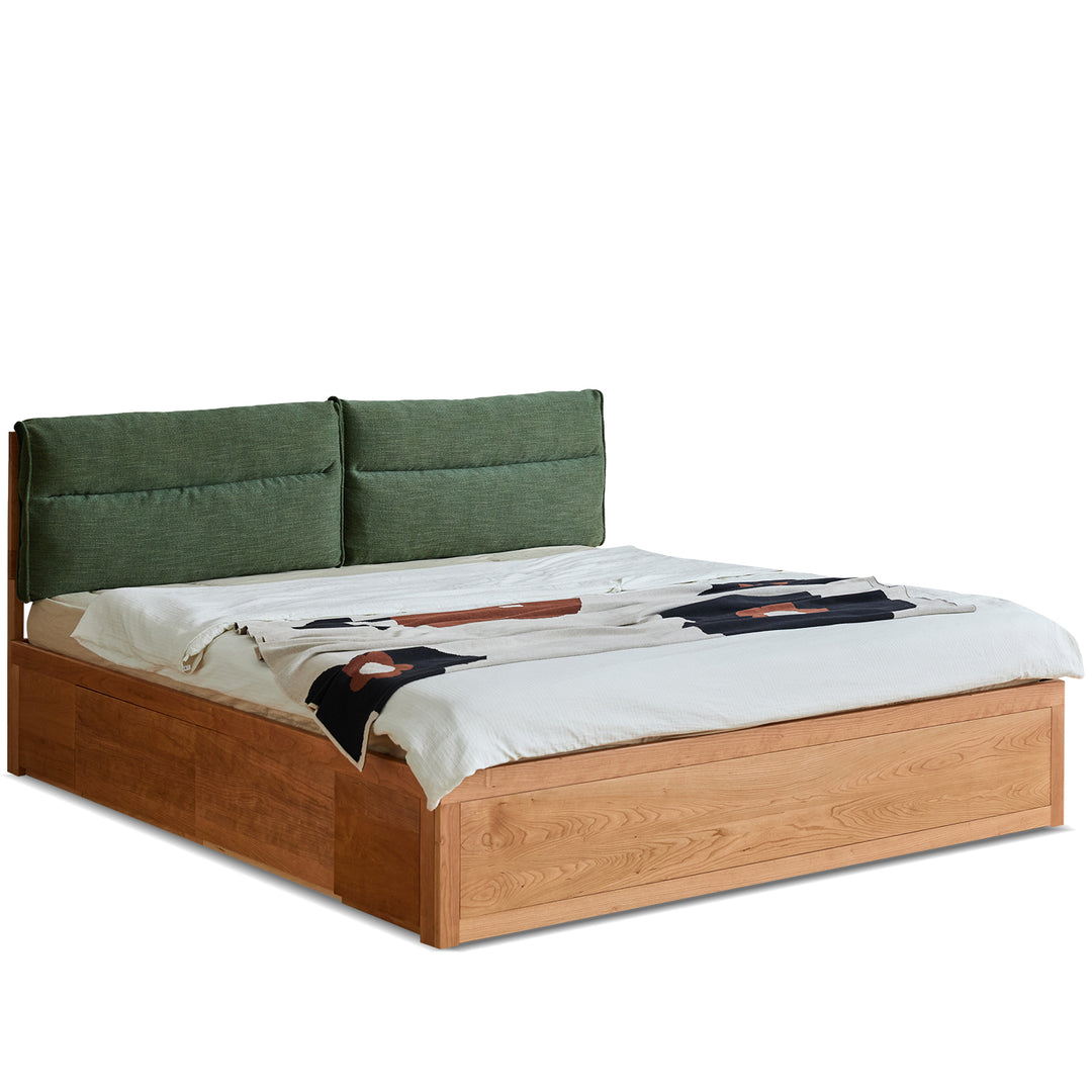 Scandinavian cherry wood cushion lift-up storage bed with drawer kangaroo detail 1.