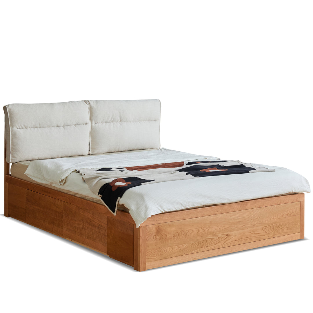 Scandinavian cherry wood cushion lift-up storage bed with drawer kangaroo detail 2.