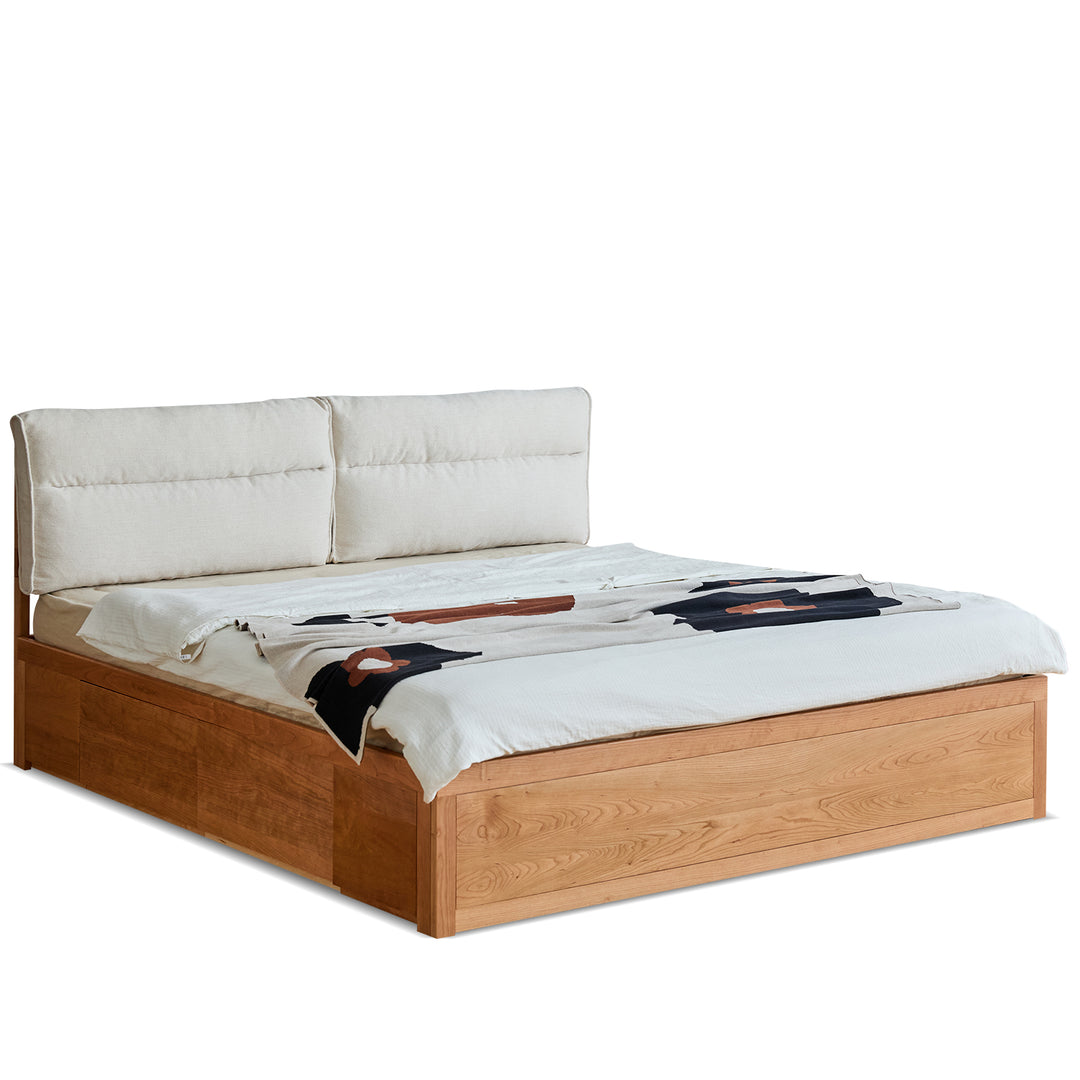 Scandinavian cherry wood cushion lift-up storage bed with drawer kangaroo detail 3.