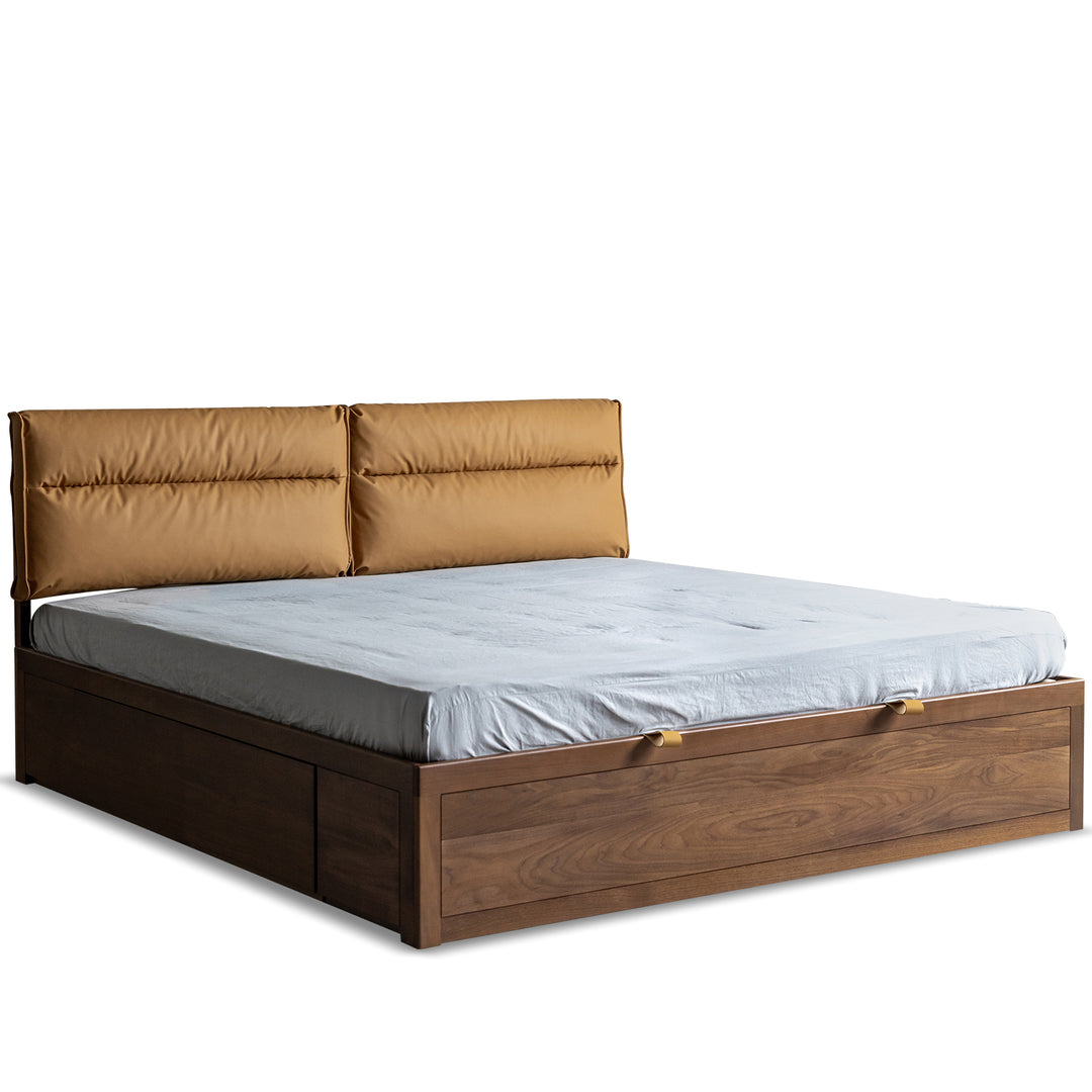 Vintage walnut wood cushion lift-up storage bed with drawer kangaroo layered structure.
