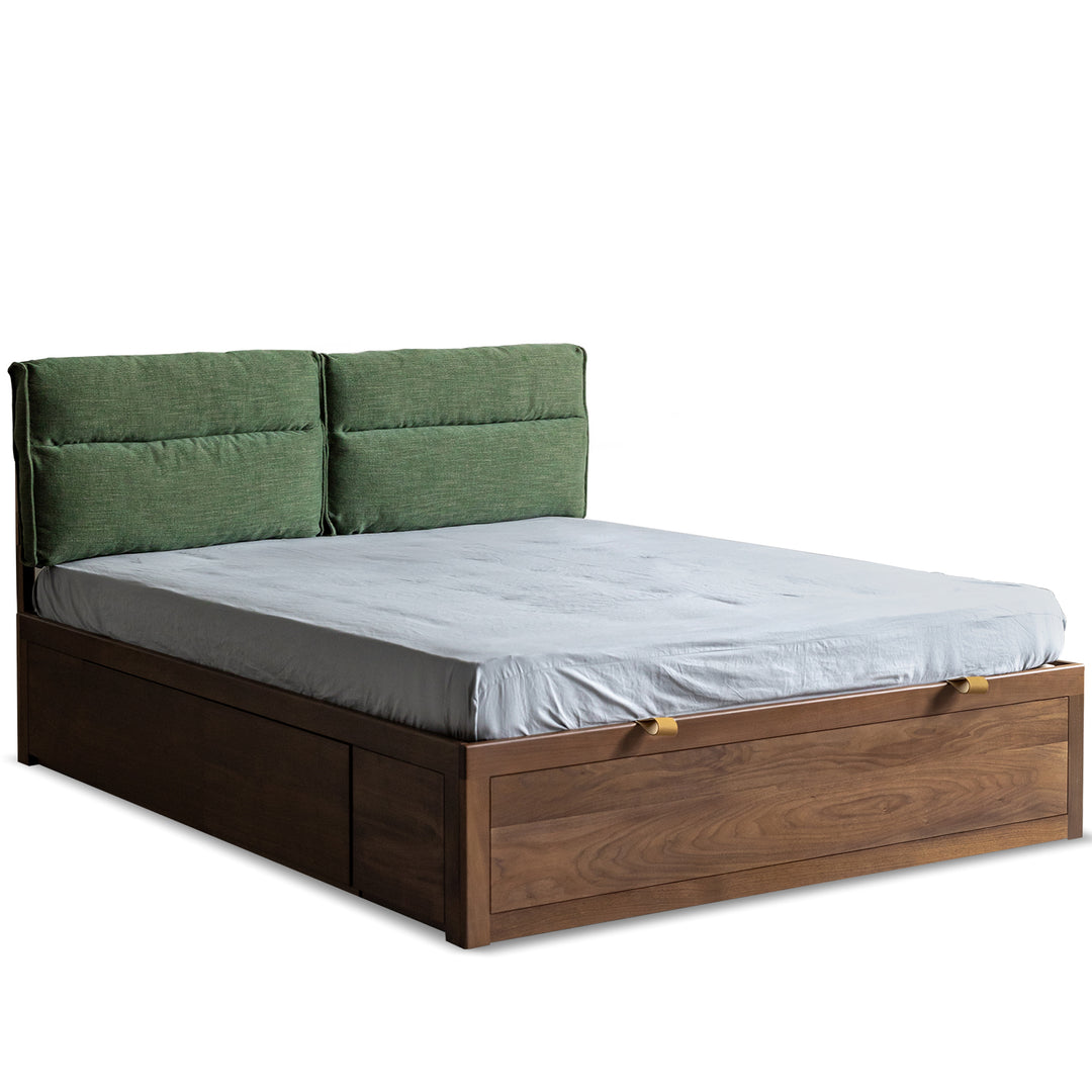 Vintage walnut wood cushion lift-up storage bed with drawer kangaroo detail 1.