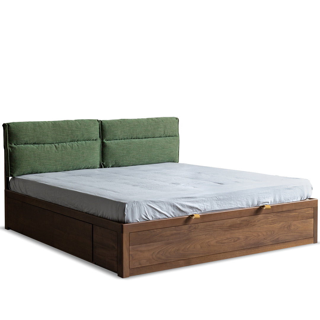 Vintage walnut wood cushion lift-up storage bed with drawer kangaroo detail 2.