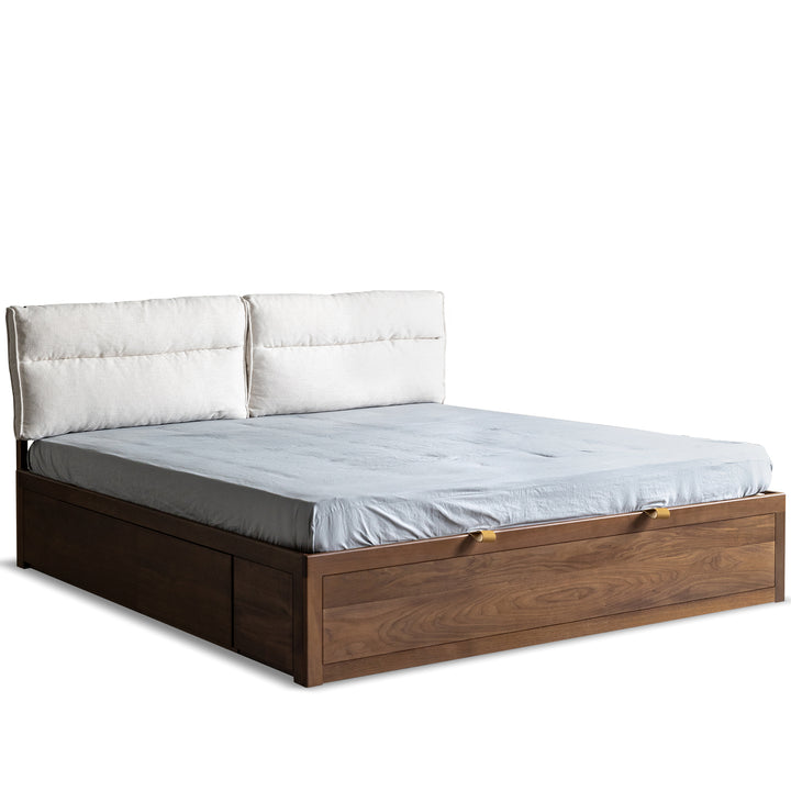 Vintage walnut wood cushion lift-up storage bed with drawer kangaroo detail 4.