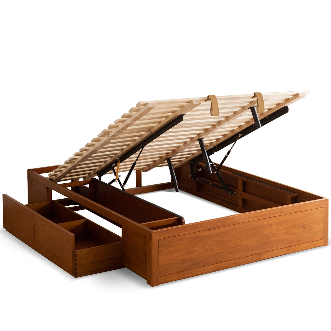 Vintage boxwood lift-up storage platform bed with drawer kangaroo in still life.