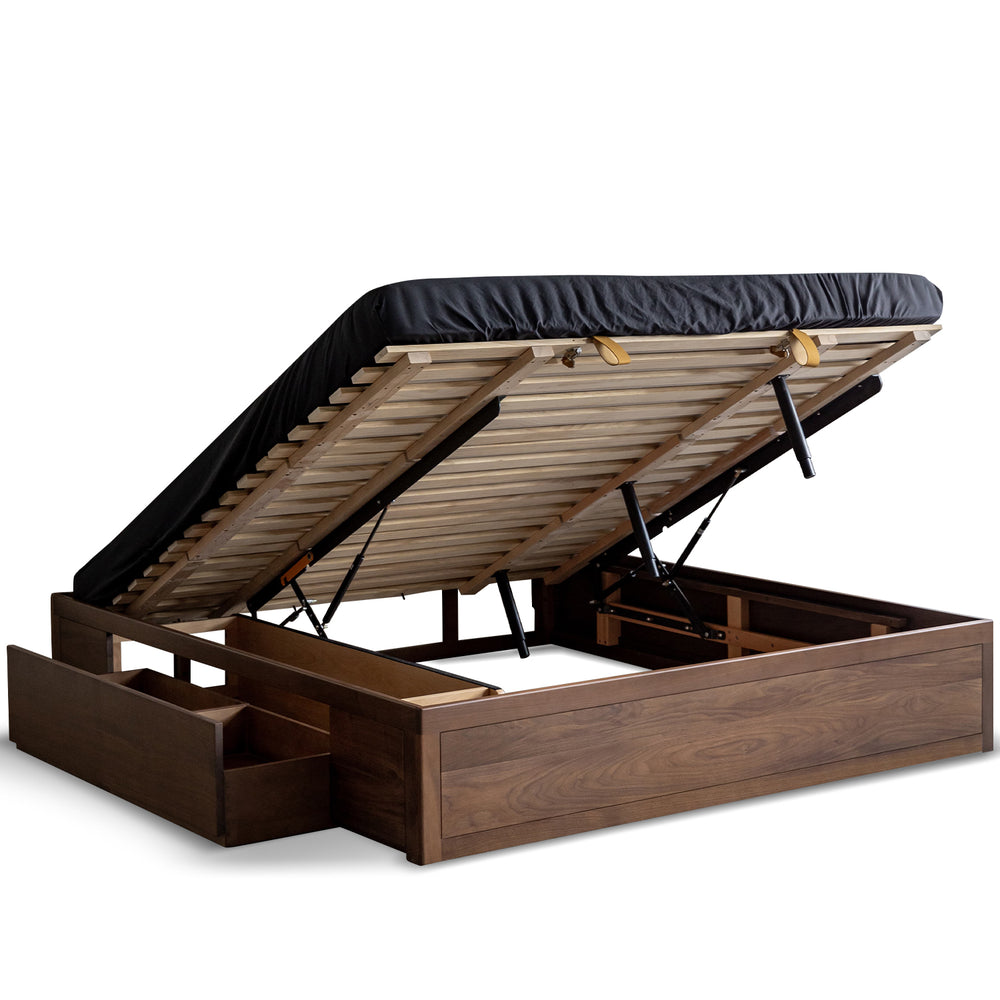 Vintage walnut wood lift-up storage platform bed with drawer kangaroo in white background.