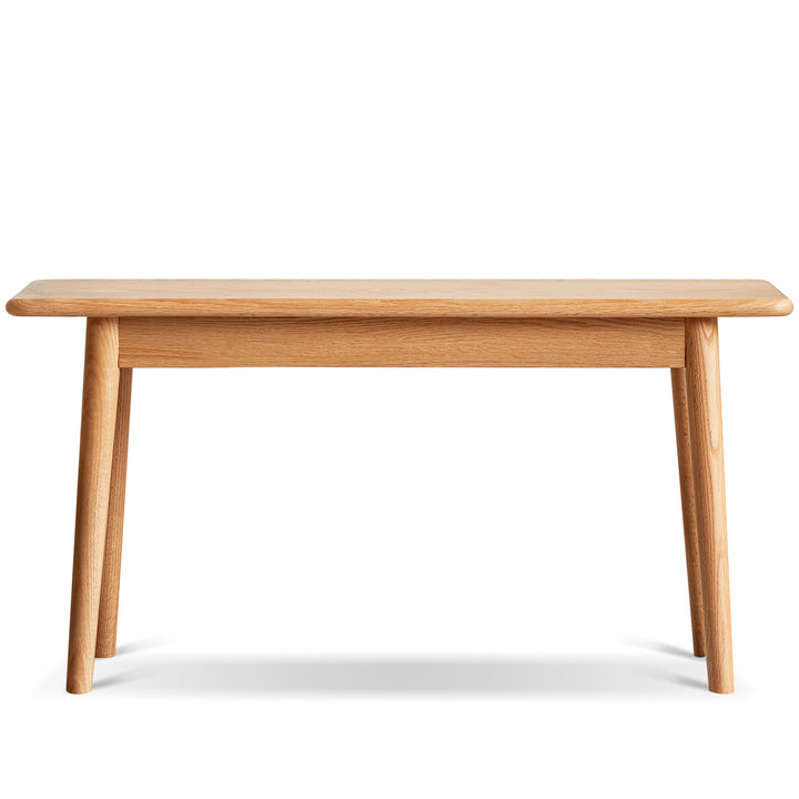 Scandinavian oak wood dining bench green in still life.