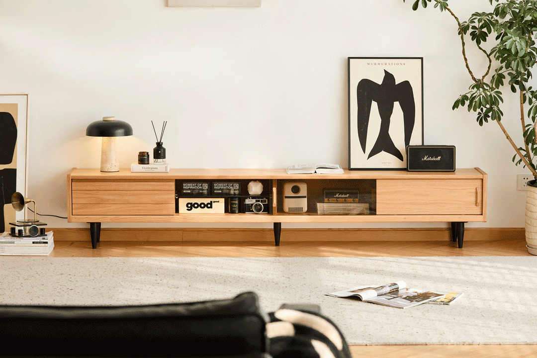 Scandinavian oak wood tv console lyne material variants.