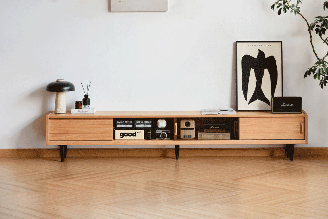 Scandinavian oak wood tv console lyne in real life style.
