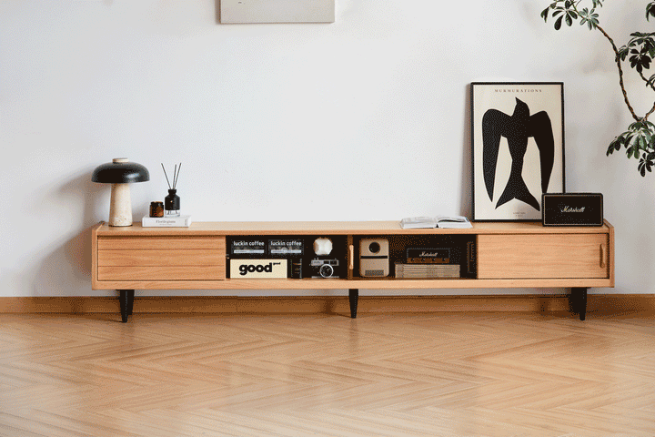 Scandinavian oak wood tv console lyne in real life style.