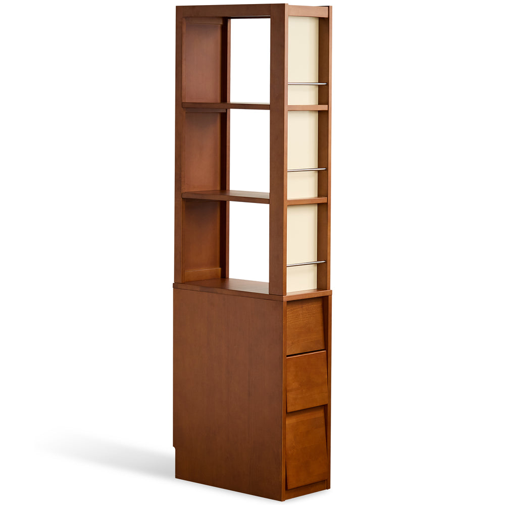 Vintage boxwood corner bookshelf mies in white background.
