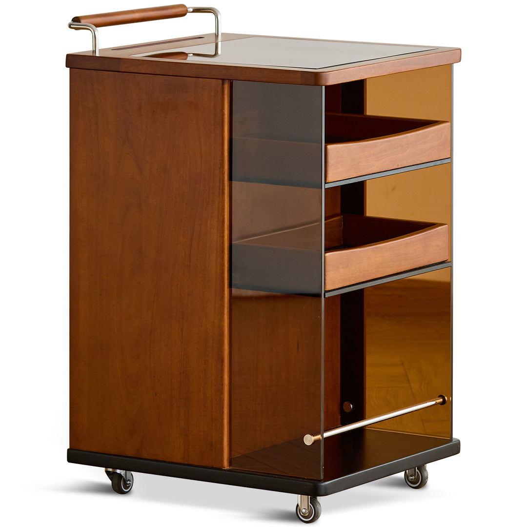 Vintage boxwood wheeled trolley side table moonrise in white background.