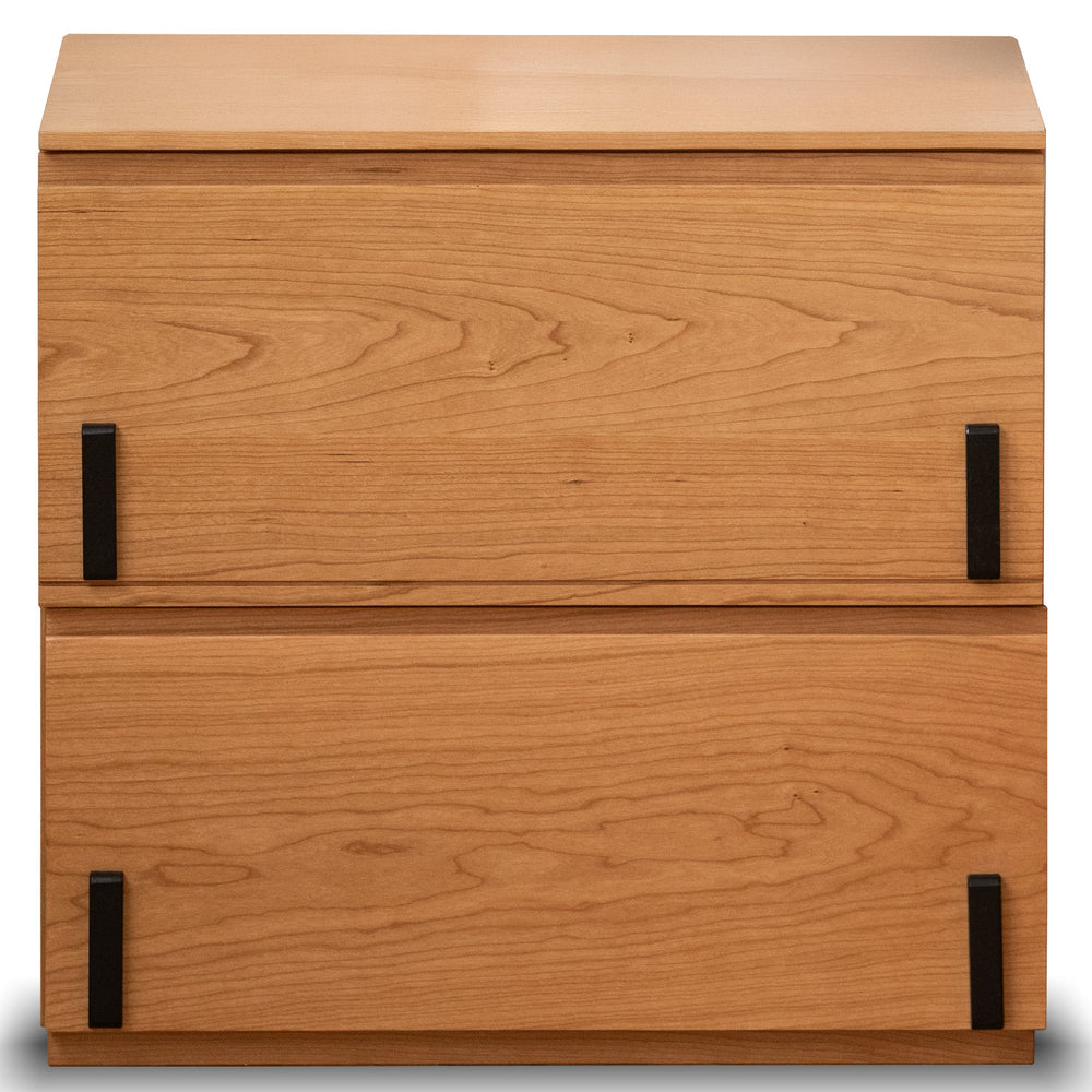 Wooden cabinet with two drawers and black handles on a white background