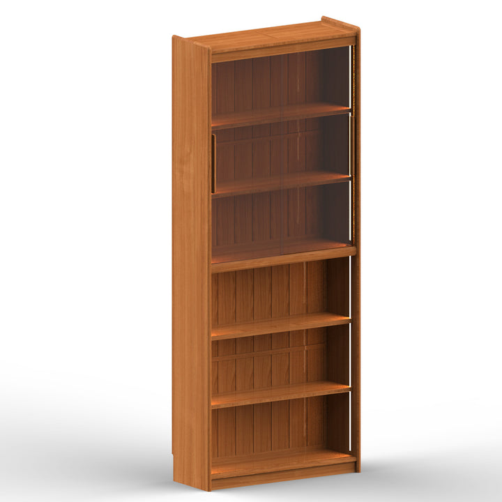 Scandinavian cherry wood bookshelf vista environmental situation.