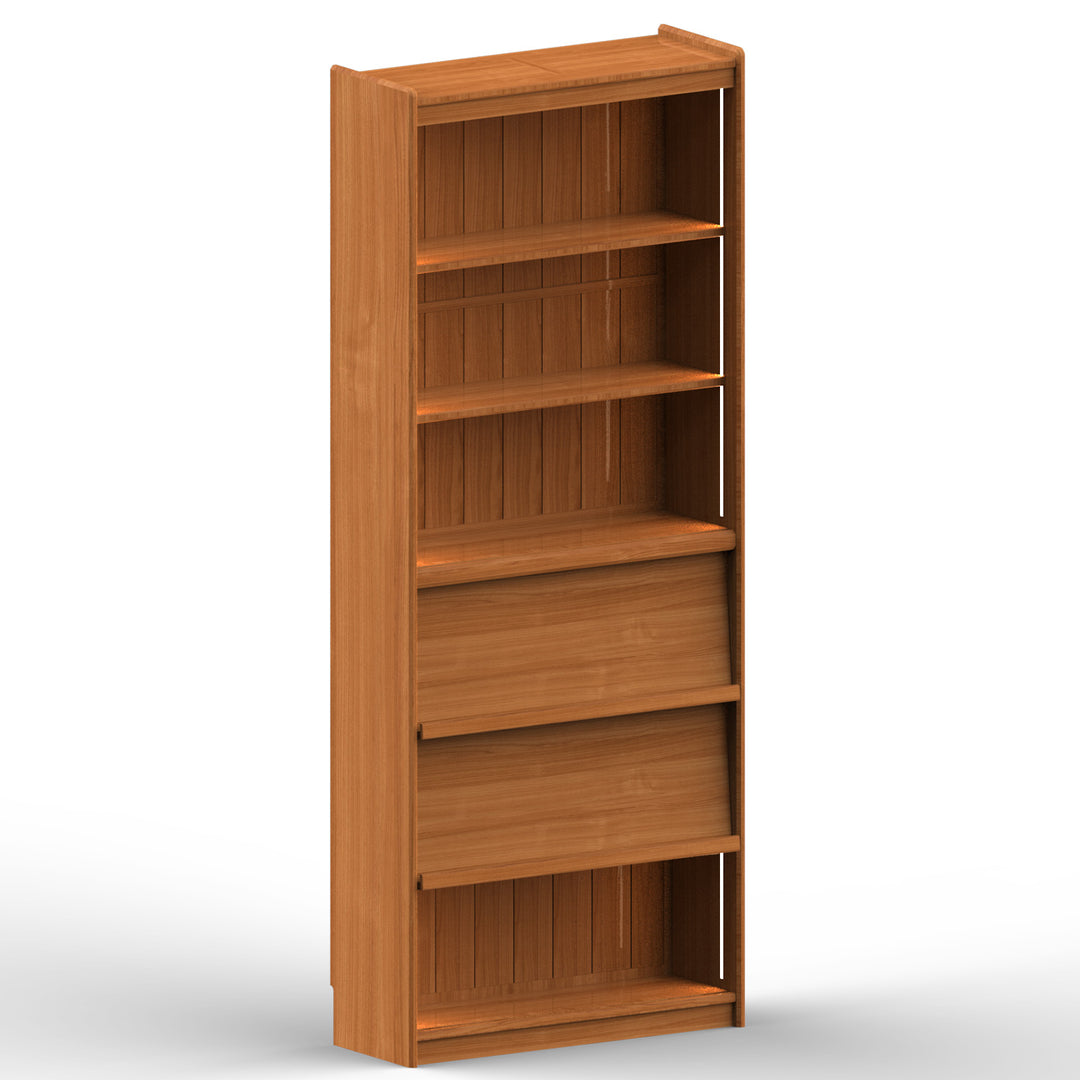 Scandinavian cherry wood bookshelf vista layered structure.
