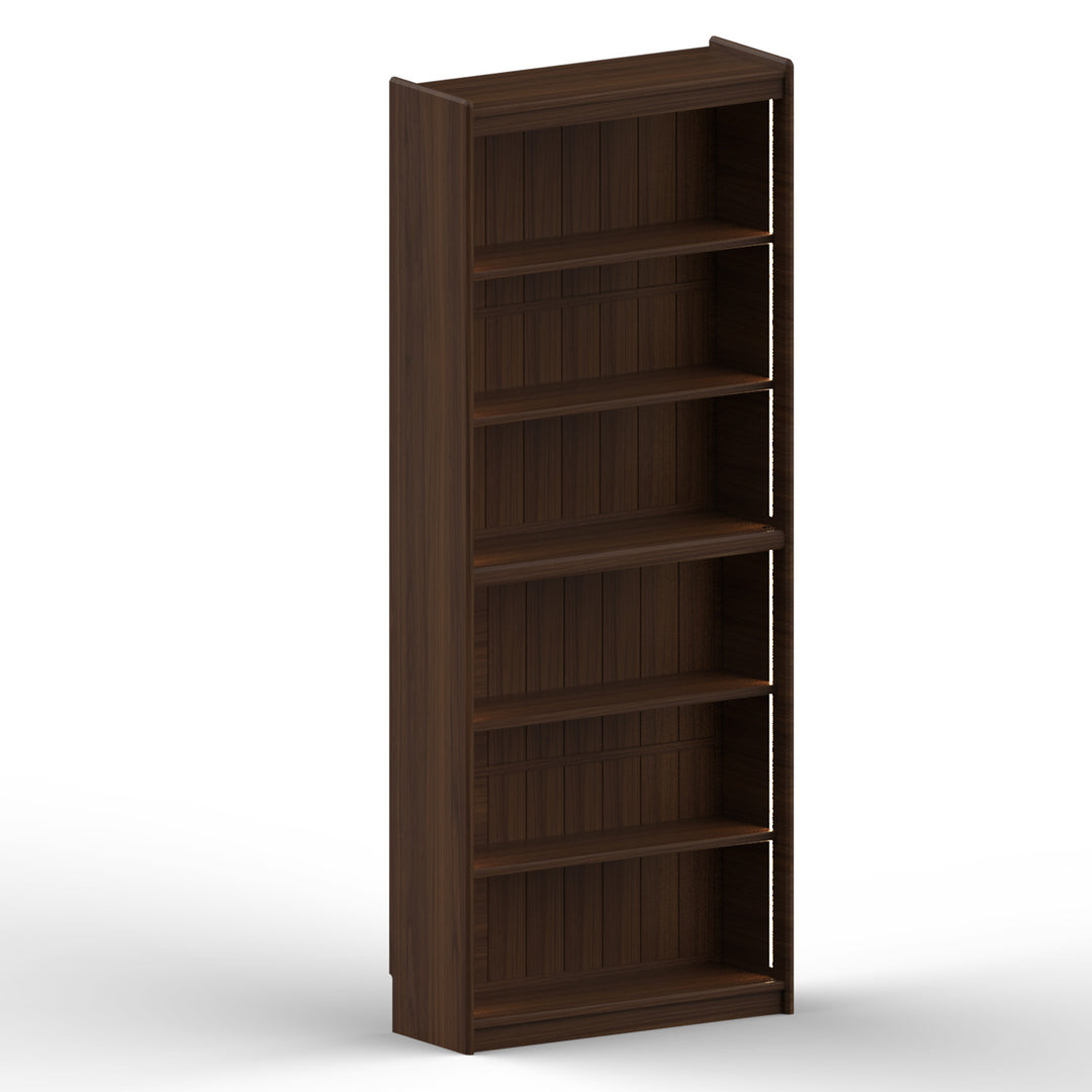 Vintage walnut wood bookshelf vista in still life.