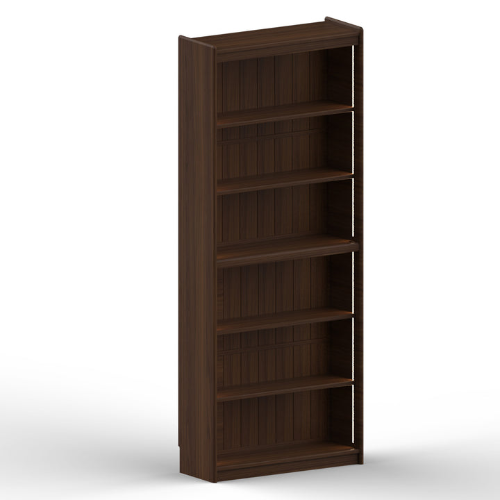 Vintage walnut wood bookshelf vista in still life.