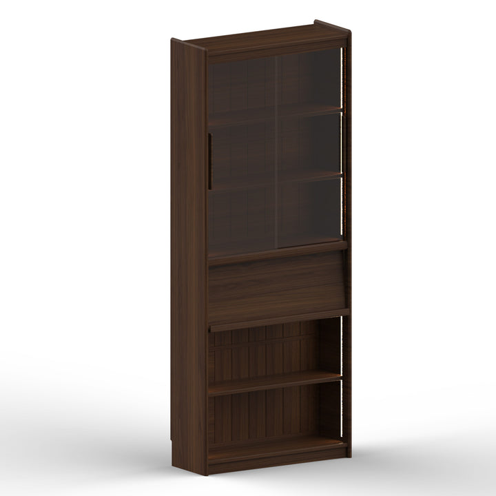 Vintage walnut wood bookshelf vista detail 1.