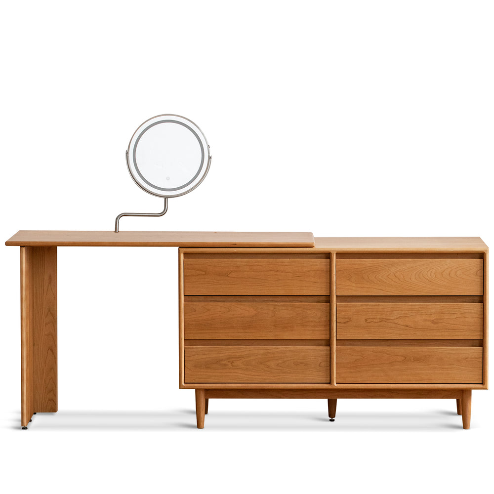 Scandinavian cherry wood dressing table vista in white background.