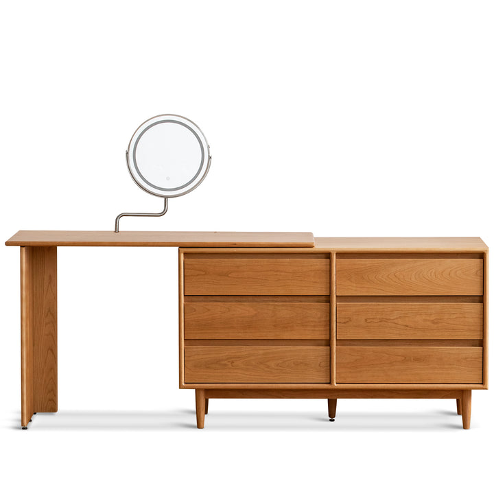 Scandinavian cherry wood dressing table vista in white background.