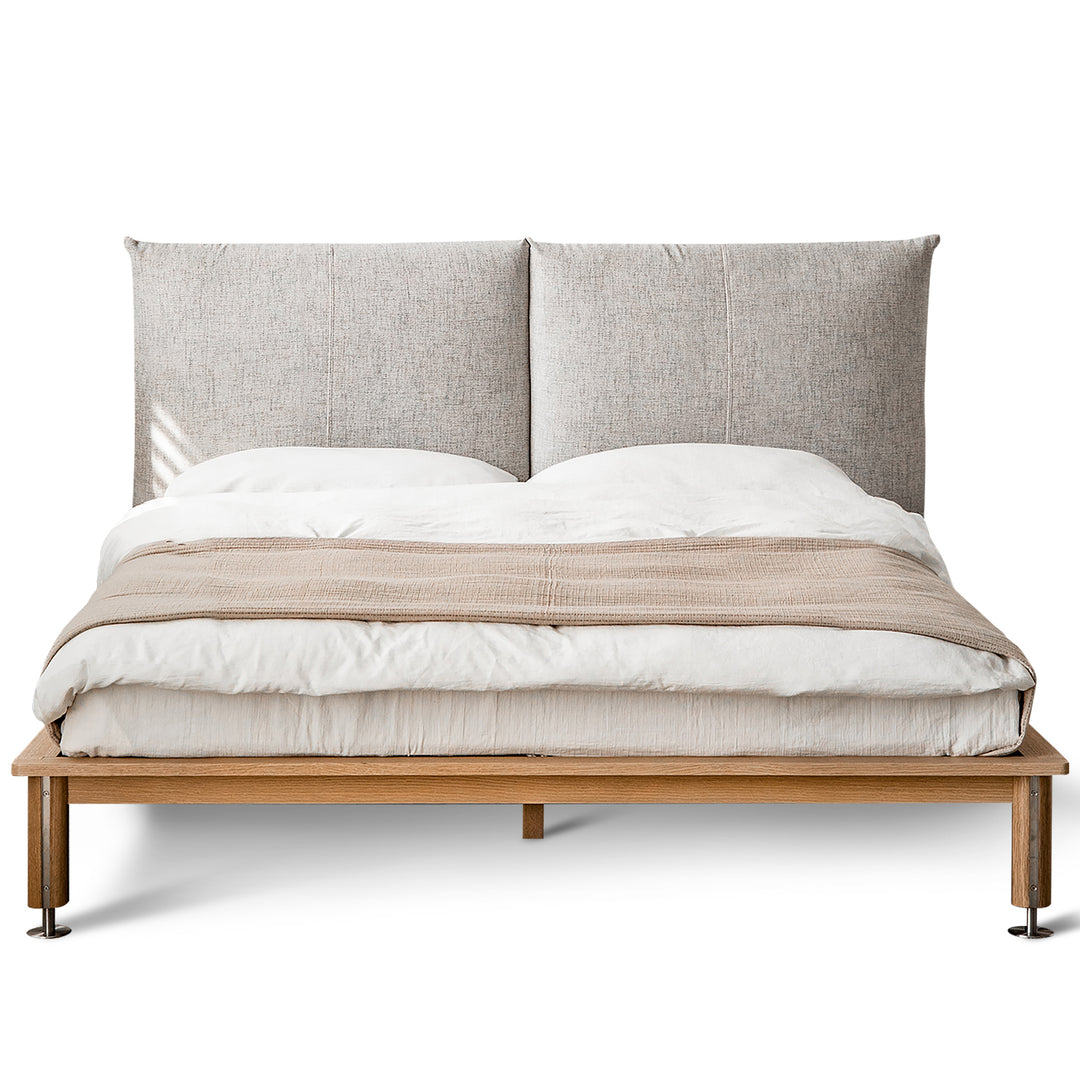 Minimalist cotton fabric oak wood bed evia in still life.