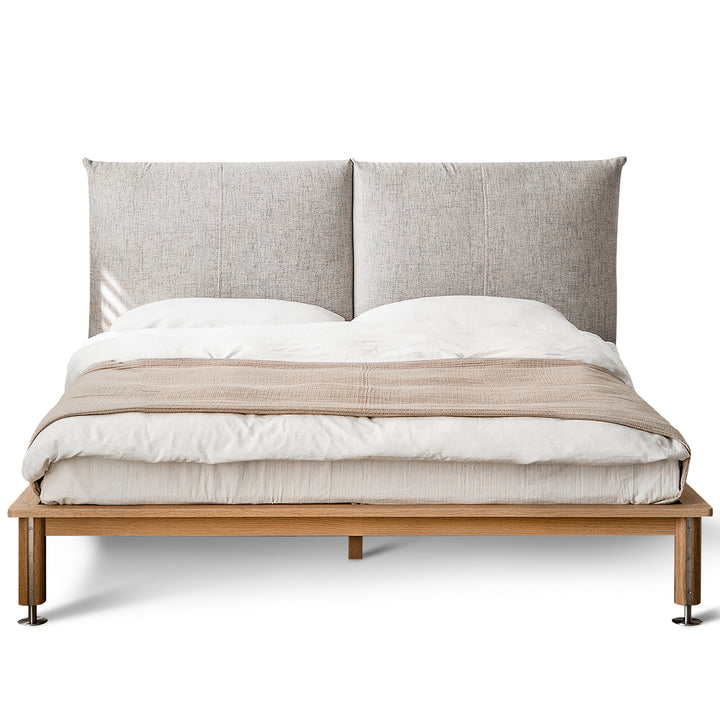 Minimalist cotton fabric oak wood bed evia in still life.
