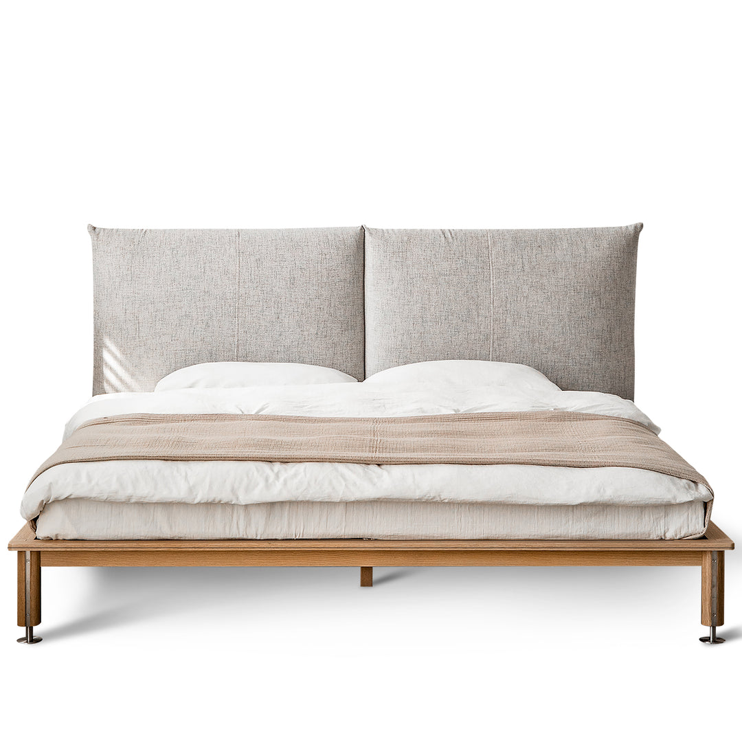 Minimalist cotton fabric oak wood bed evia in white background.